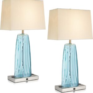 LMS USB Table Lamp Set of 2, 28″ Bedside Table Lamps with USB Charging Ports, Blue Glass Nightstand Lamp with White Fabric Shade, Table Lamps for Bedroom Living Room, LMS-070 LMS USB Table Lamp Set of 2, 28″ Bedside Table Lamps with USB Charging Ports, Blue Glass Nightstand Lamp with White Fabric Shade, Table Lamps for Bedroom Living Room, LMS-070
