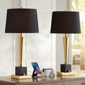 Possini Euro Design Wayne Modern Table Lamps 29 1/4″ Tall Set of 2 with USB Charging Port Brass Gold Black Tapered Drum Shade for Bedroom Living Room Nightstand Bedside Night Stand Office Kids Room Possini Euro Design Wayne Modern Table Lamps 29 1/4″ Tall Set of 2 with USB Charging Port Brass Gold Black Tapered Drum Shade for Bedroom Living Room Nightstand Bedside Night Stand Office Kids Room