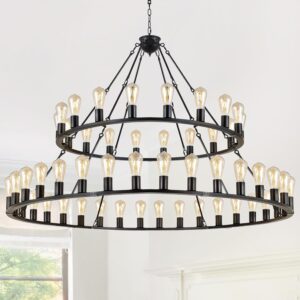LEDIARY 60 Inch 54 Lights Wagon Wheel Chandelier, 2 Tier Black Farmhouse Chandeliers for Dining Room, Modern Rustic Extra Large Round Hanging Light Fixture for High Ceilings, Living Room, Foyer LEDIARY 60 Inch 54 Lights Wagon Wheel Chandelier, 2 Tier Black Farmhouse Chandeliers for Dining Room, Modern Rustic Extra Large Round Hanging Light Fixture for High Ceilings, Living Room, Foyer